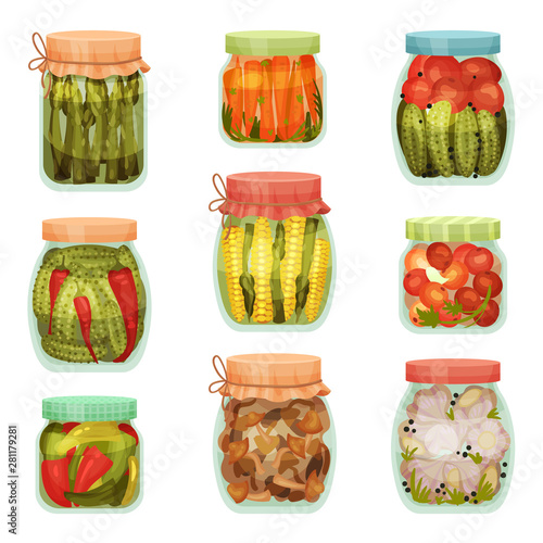 Set of pickles in jars. Vector illustration on white background.