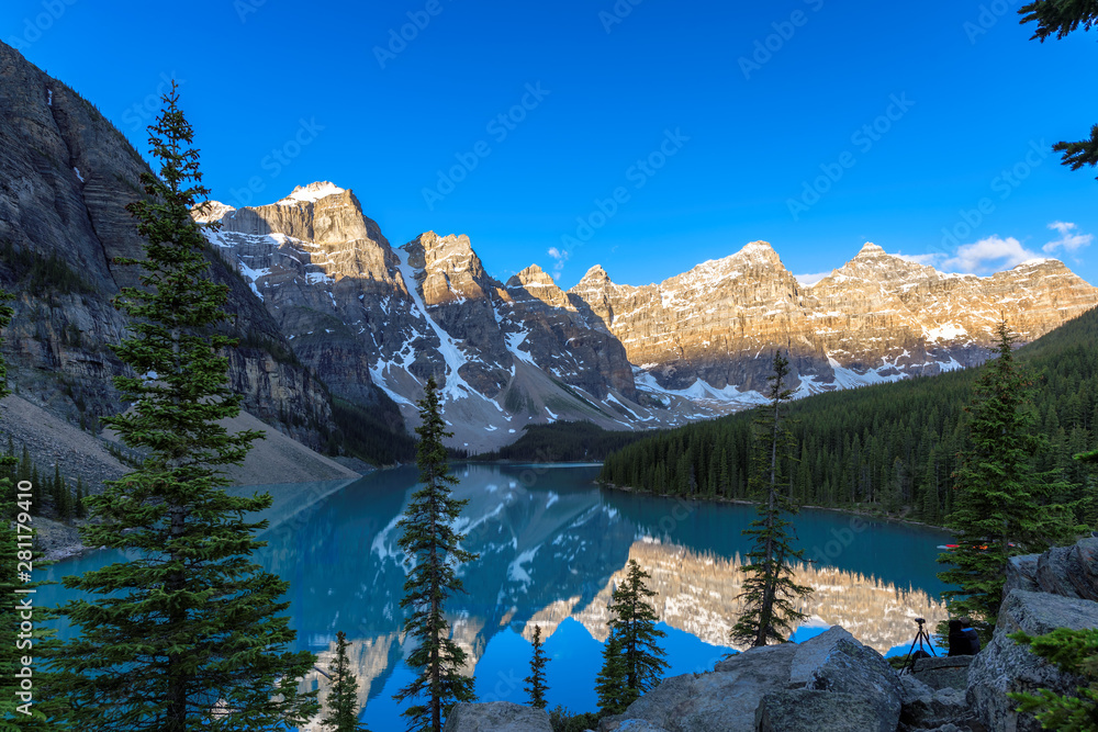 Moraine Lake at Sunrise in Banff National Park, Rocky Mountains, Canada.