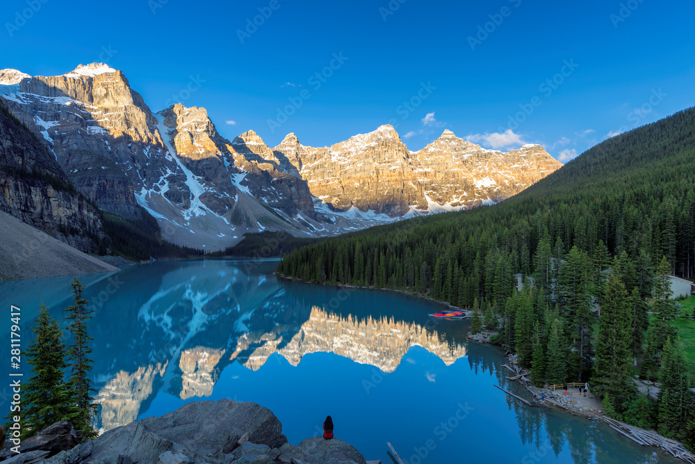 Beautiful view of Moraine Lake at Sunrise in Banff National Park, Canada.