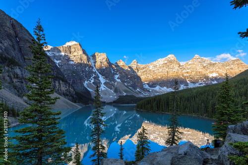 Moraine Lake at Sunrise in Banff National Park, Rocky Mountains, Canada.