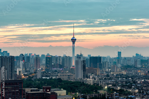 Canvas Print Chengdu, Sichuan Province, China - July 25, 2019: Sichuan TV tower and skyline at dusk with the highest peak of Mount Siguniang background