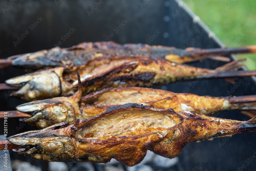 Closeup view of grilled fish mackerel with spices on campfire