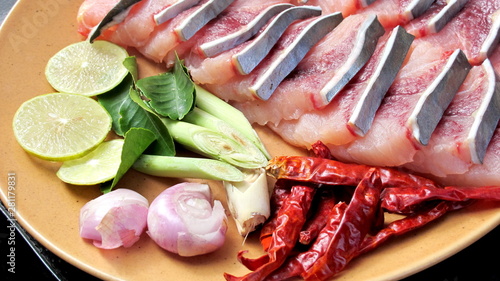 Thai food ingredients, lemon, chilli, onion and lemongrass, meat, fish meat, Tom Yum food ingredients