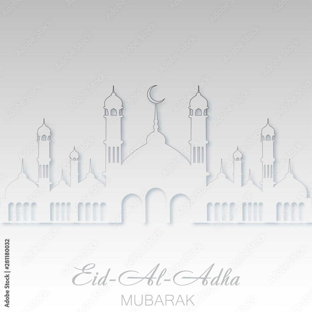 Eid Al Adha Mubarak greeting card with Mosque. Vector