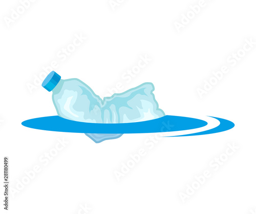 Crumpled bottle floats in water. Vector illustration on white background.