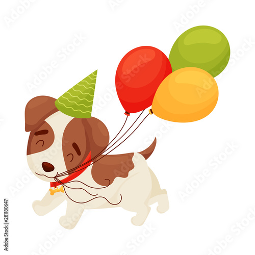 Cute puppy holding his teeth balloons. Vector illustration on white background.