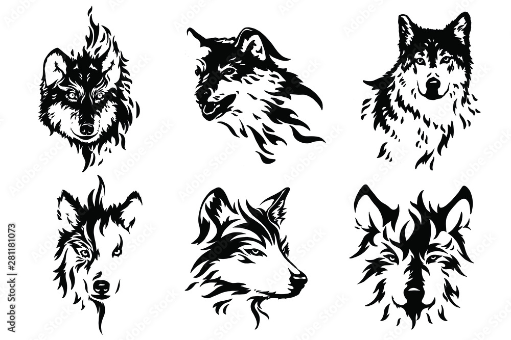 Fototapeta Heads of a wolf set. Styling the head for your design. Vector illustration, isolated objects.