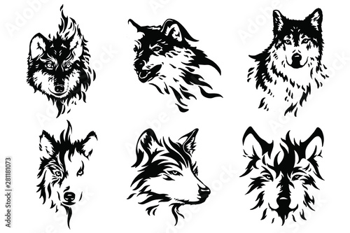 Heads of a wolf set. Styling the head for your design. Vector illustration, isolated objects.