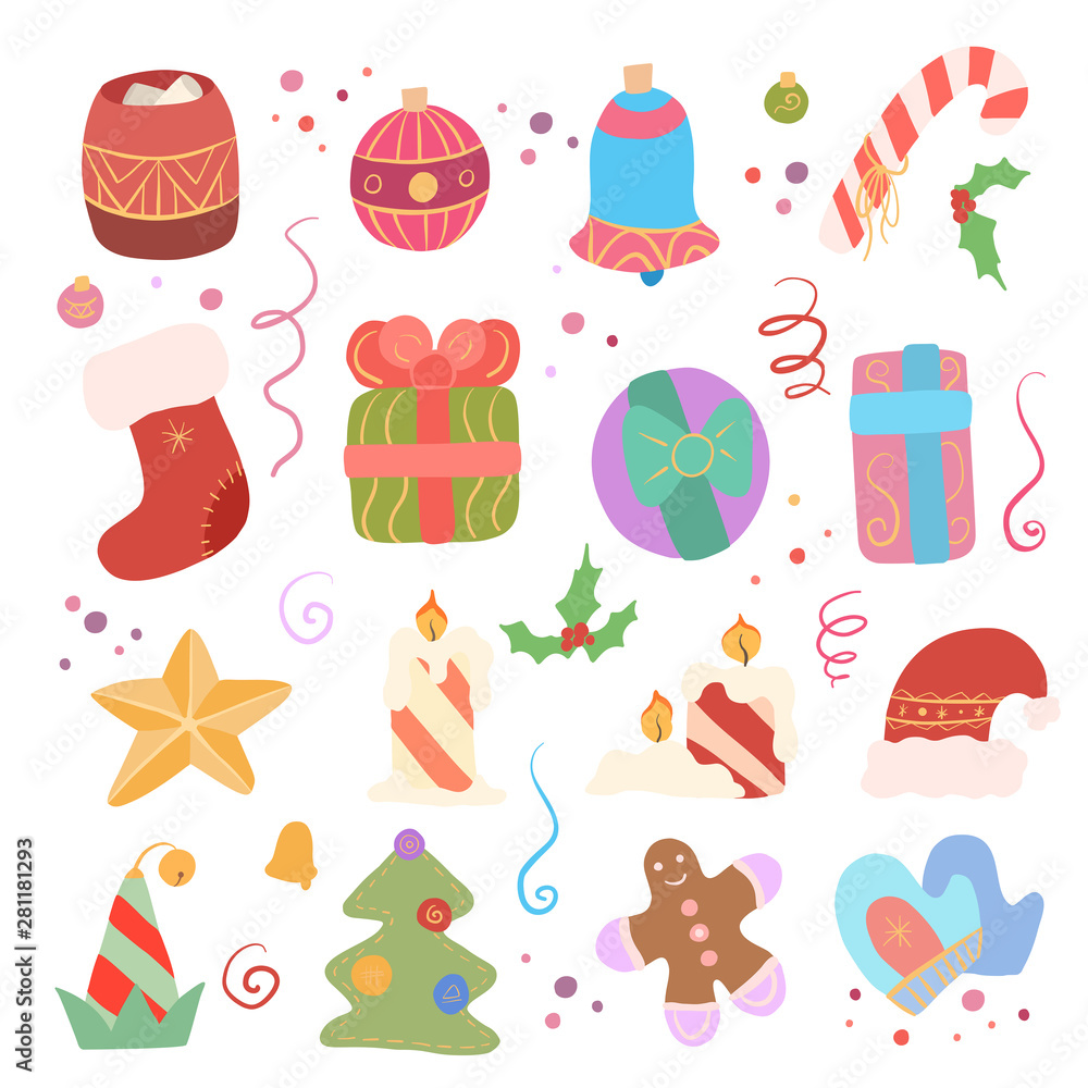 Festive set of different elements for the new year. Christmas Eve. Decorations on the Christmas tree, Santa hat and elf, gift and sweet. Vector flat objects for icon, card, banner and your creativity