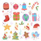 Festive set of different elements for the new year. Christmas Eve. Decorations on the Christmas tree, Santa hat and elf, gift and sweet. Vector flat objects for icon, card, banner and your creativity