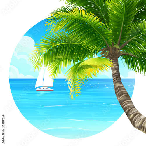 Vector background illustration palm tree and ship in ocean