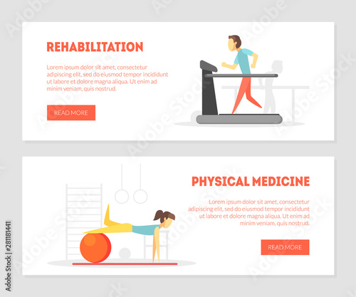 Rehabilitation, Physical Medicine Landing Page, Physiotherapy Horizontal Banners Set, Physical Training and Rehabilitation Exercises Vector Illustration