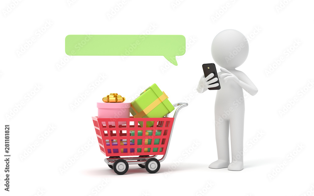 A man sends sms with shopping cart.communication or social media concept. 3d rendering,conceptual image. A man sends sms with shopping cart.communication or social media concept. 3d rendering,conceptual image.