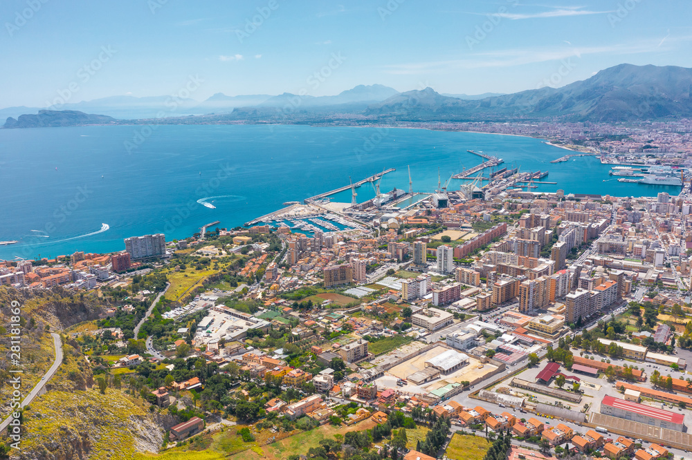 The large modern city of Palermo on the coast of the island of Sicily, aerial view.