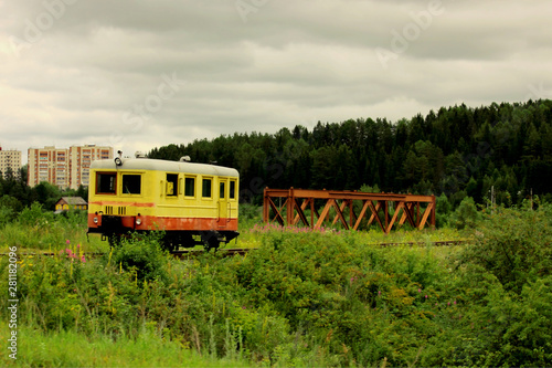 old passenger train or rail tram rides by rail