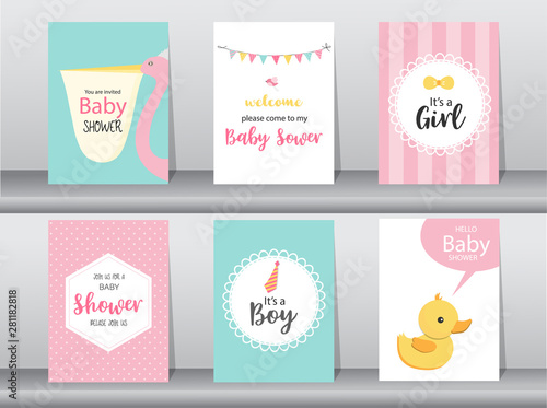 Set of baby shower invitations cards,poster,greeting,template,stork,animal,Vector illustrations