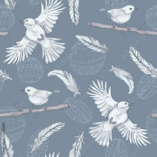 seamless pattern with feathers and birds