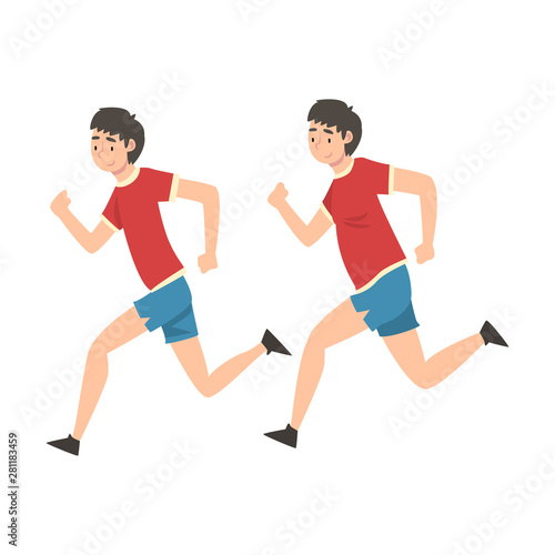 Man in Sportswear Running, Guy Before and After Weight Loss, Male Body Changing Through Healthy Nutrition or Sports Vector Illustration
