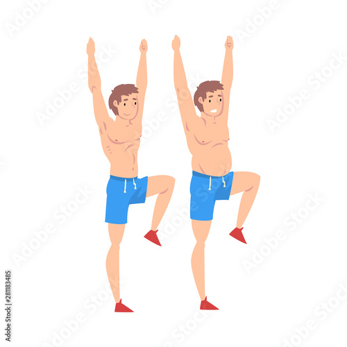 Man in Shorts Doing Sports, Guy Before and After Weight Loss, Male Body Changing Through Healthy Nutrition or Sports Vector Illustration