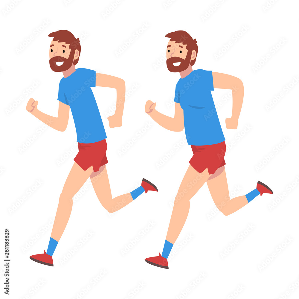 Man in Sportswear Running, Guy Before and After Weight Loss Doing Sports, Male Body Changing Through Healthy Nutrition or Sports Vector Illustration Man in Sportswear Running, Guy Before and After Weight Loss Doing Sports, Male Body Changing Through Healthy Nutrition or Sports Vector Illustration