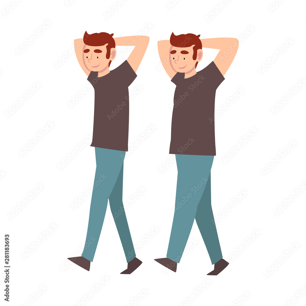 Guy in Casual Clothes Walking with Hands Thrown, Young Man Before and After Weight Loss, Male Body Changing Through Healthy Nutrition or Sports Vector Illustration Guy in Casual Clothes Walking with Hands Thrown, Young Man Before and After Weight Loss, Male Body Changing Through Healthy Nutrition or Sports Vector Illustration