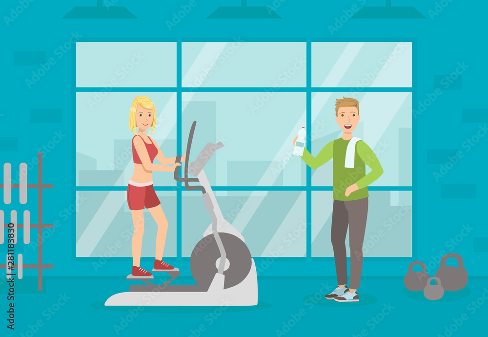 Athletic People Doing Sport Exercises in Gym, Woman Running on Treadmill, Sport Gym Interior with Workout Equipment Vector Illustration