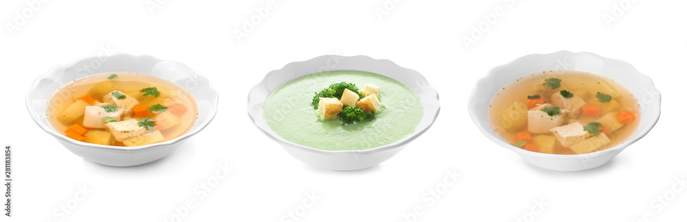 Set of different fresh homemade soups on white background. Banner design Set of different fresh homemade soups on white background. Banner design