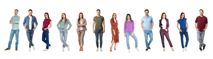 Collage of emotional people on white background. Banner design