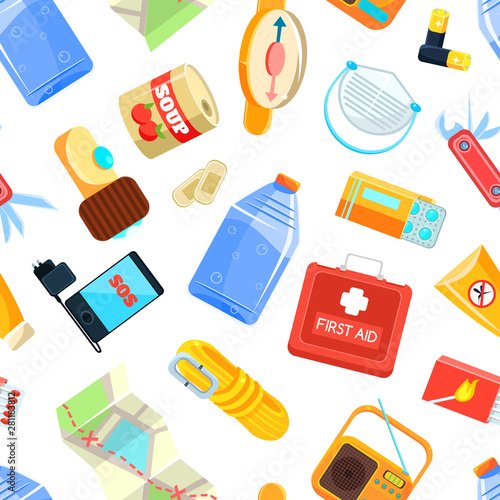 Travel Necessities Seamless Pattern, Wilderness Survival Kit Design Element Can Be Used for Wallpaper, Packaging, Background Vector Illustration