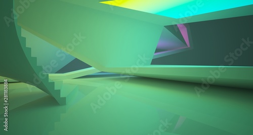 Abstract architectural white interior of a minimalist house with color gradient neon lighting. 3D illustration and rendering.