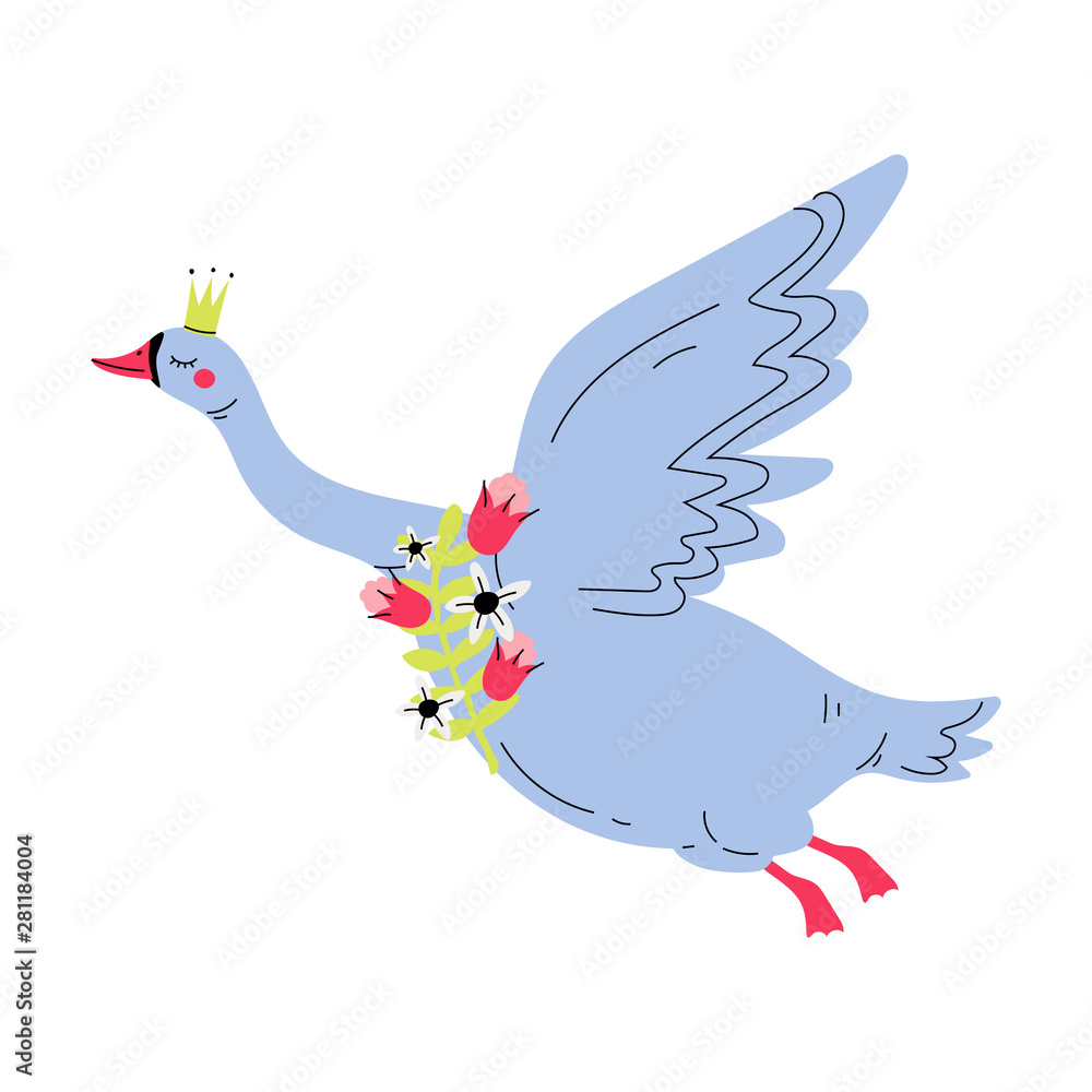 Fototapeta premium Beautiful Gray Flying Swan Princess with Golden Crown, Lovely Fairytale Bird Queen with Flowers, Vector Illustration