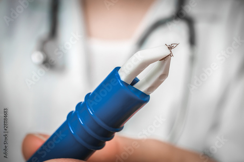 Female doctor is holding tweezers with a tick