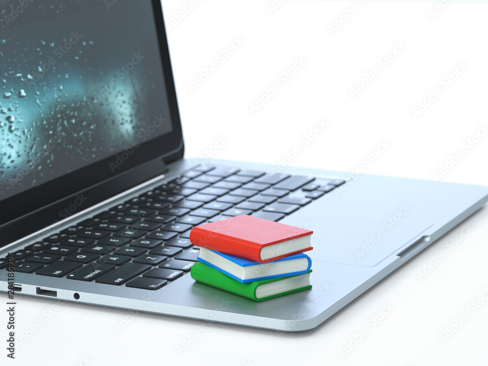 Read,books on the keyboard of a latop, 3d rendering,conceptual image. learning and education concepts. Read,books on the keyboard of a latop, 3d rendering,conceptual image. learning and education concepts.