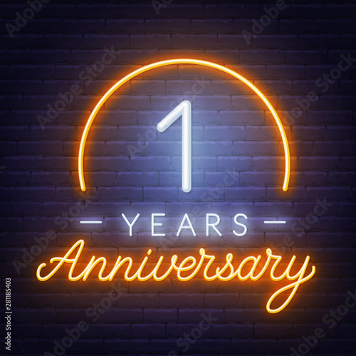 First Year Anniversary Celebration neon sign on a dark background.