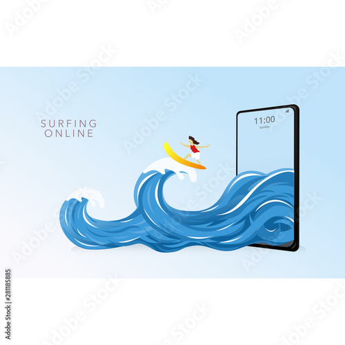 Surfer surfing online a phone wave  vector illustration. Surfing the web for banner , header , ads, or mobile phone application, marketing and digital marketing vector .