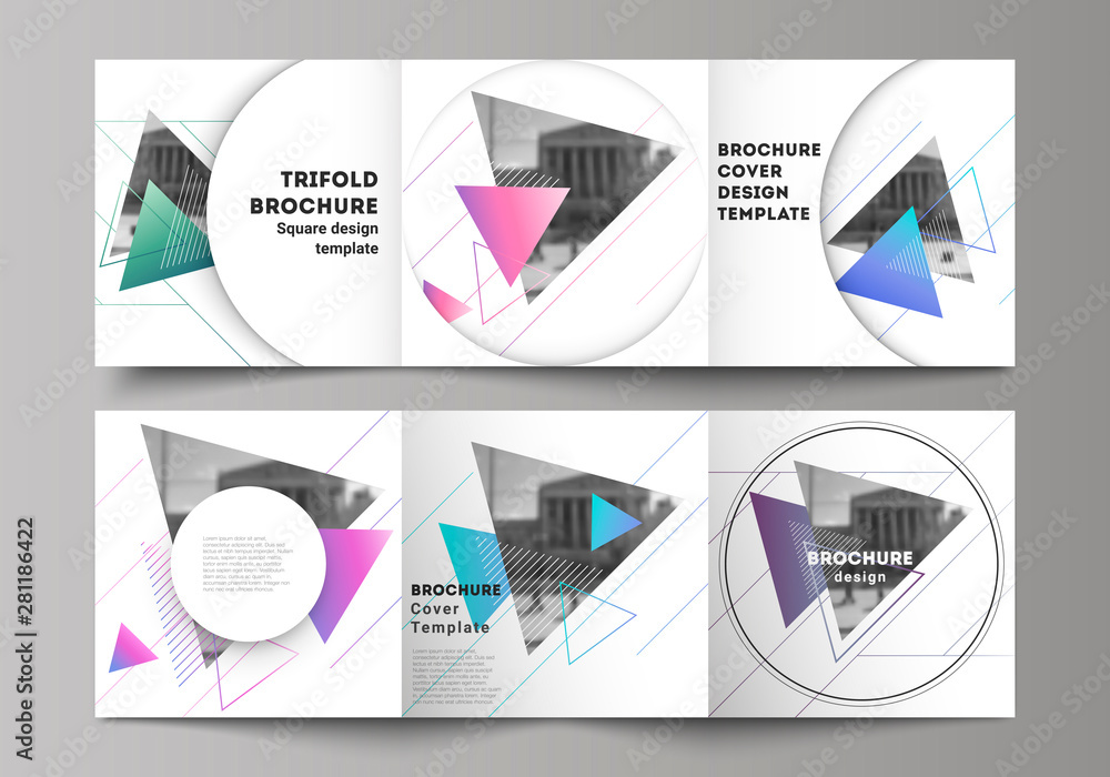 The minimal vector editable layout of square format covers design templates for trifold brochure, flyer, magazine. Colorful polygonal background with triangles, modern memphis pattern. The minimal vector editable layout of square format covers design templates for trifold brochure, flyer, magazine. Colorful polygonal background with triangles, modern memphis pattern.