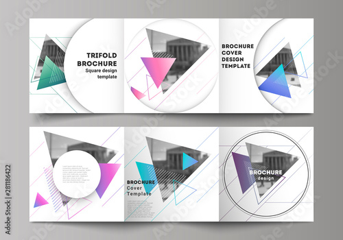 The minimal vector editable layout of square format covers design templates for trifold brochure, flyer, magazine. Colorful polygonal background with triangles, modern memphis pattern.