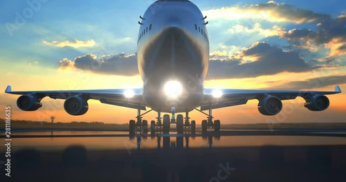 Large passenger airplane rolling along wet runway over camera against scenic sunset photo