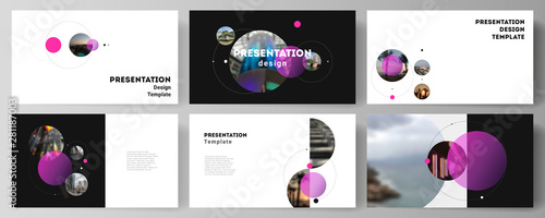 The minimalistic vector layout of the presentation slides design business templates. Simple design futuristic concept. Creative background with circles and round shapes that form planets and stars.