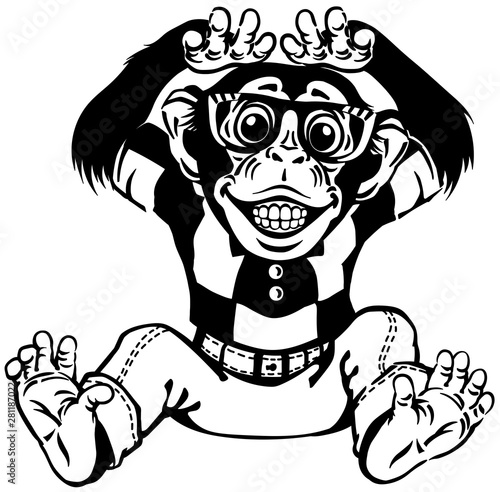 cartoon chimp great ape or chimpanzee monkey wearing glasses and smiling with a big smile on face showing teeth. Positive and happy emotion. Front view. Black and white vector illustration