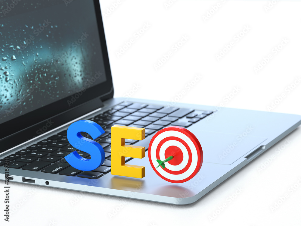 SEO symbol  on the keyboard of a latop, 3d rendering,conceptual image. online  search concepts.