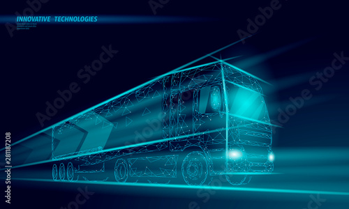 Low poly transport abstract truck. Lorry van fast delivery shipping logistic. Polygonal dark blue speed highway industry international transportation traffic vector illustration