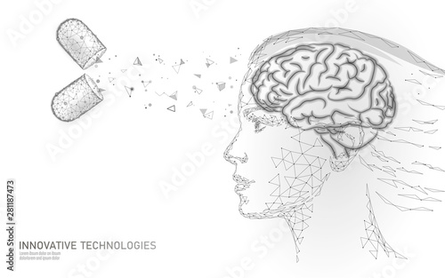 Brain treatment low poly 3D render. Drug nootropic human ability stimulant smart mental health. Medicine cognitive rehabilitation in Alzheimer disease and dementia patient vector illustration