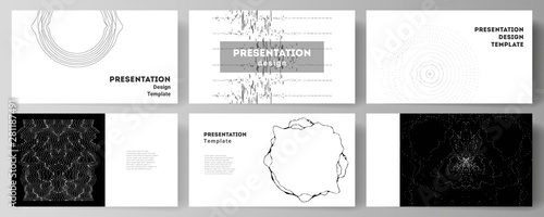 The minimalistic abstract vector illustration layout of the presentation slides design business templates. Trendy modern science or technology background with dynamic particles. Cyberspace grid.