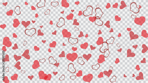 Happy background. Red on Transparent fond Vector. Red hearts of confetti are falling. Part of the design of wallpaper, textiles, packaging, printing, holiday invitation for Valentine's Day.