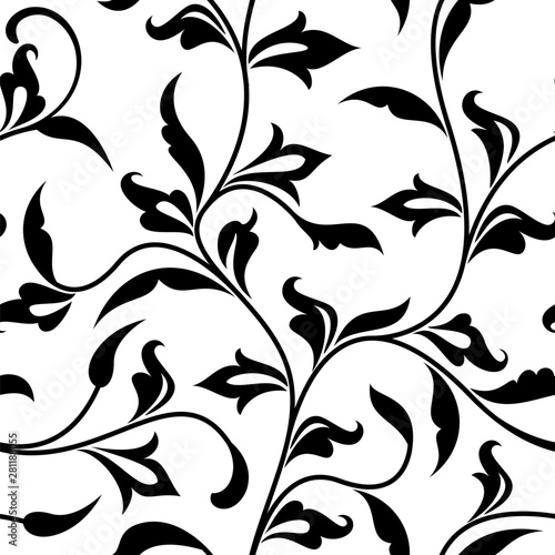 Seamless pattern. Thin delicate twigs with decorative leaves isolated on white background. Texture for print, wallpaper, home decor, textile, package design