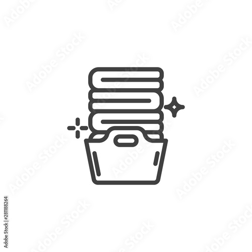 Basket with folded towels line icon. linear style sign for mobile concept and web design. Laundry, clean towel outline vector icon. Symbol, logo illustration. Vector graphics