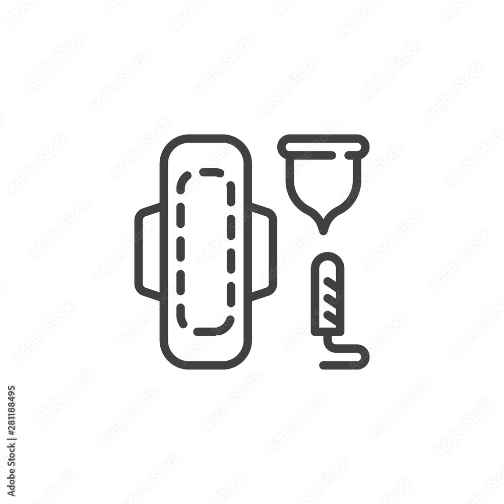 Feminine hygiene line icon. linear style sign for mobile concept and web design. Sanitary napkin, tampon, menstrual cup outline vector icon. Symbol, logo illustration. Vector graphics Feminine hygiene line icon. linear style sign for mobile concept and web design. Sanitary napkin, tampon, menstrual cup outline vector icon. Symbol, logo illustration. Vector graphics