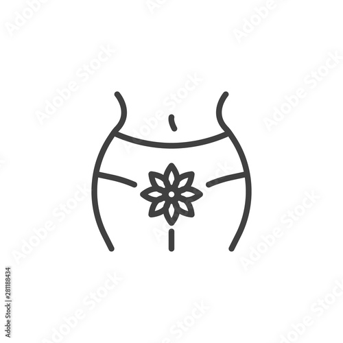 Women intimate hygiene line icon. Female body with flower linear style sign for mobile concept and web design. Menstrual cycle outline vector icon. Symbol, logo illustration. Vector graphics