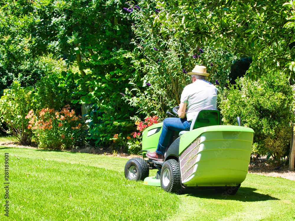 Fototapeta premium Senior man driving a tractor lawn mower in garden with flowers